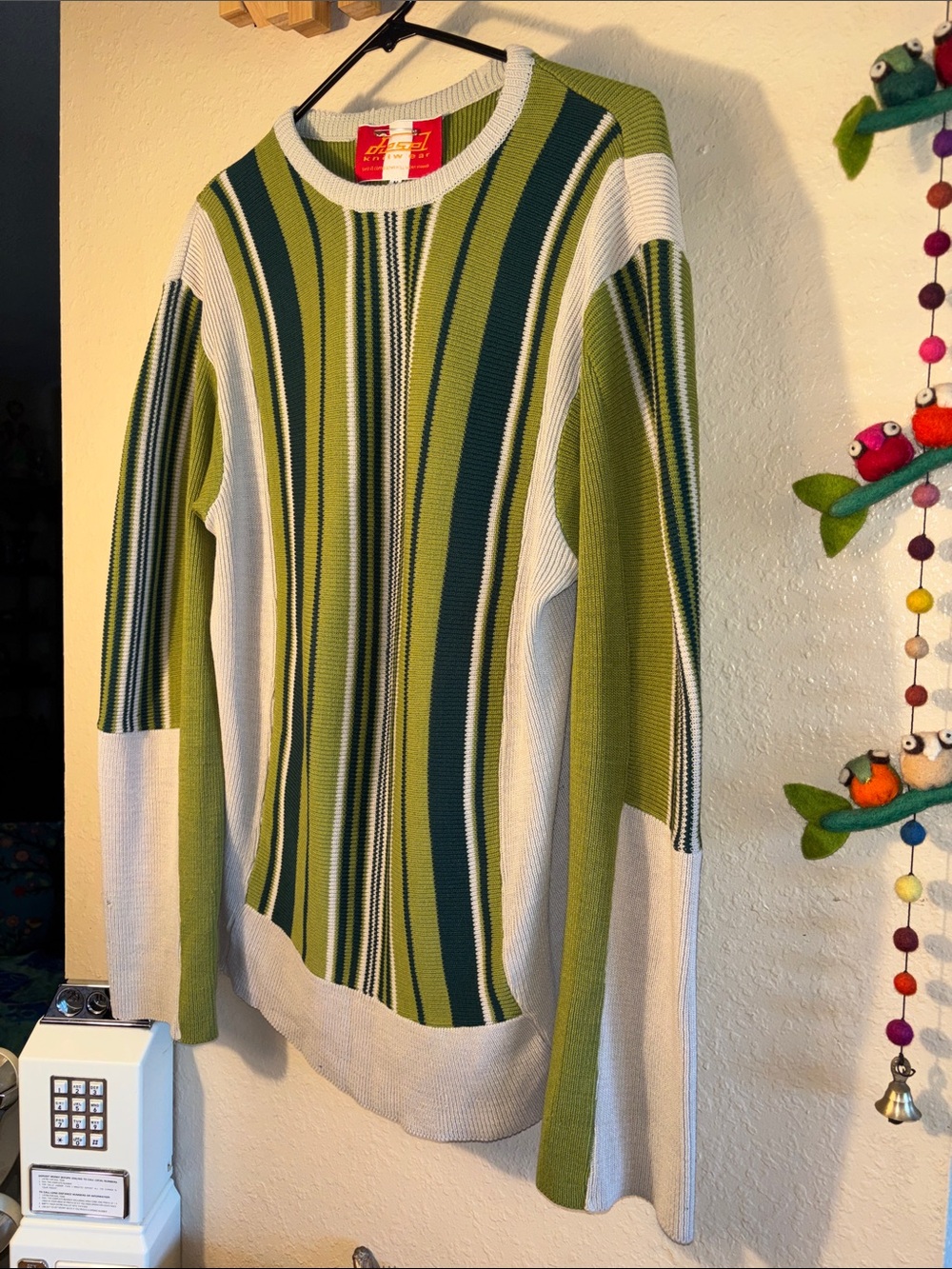 VINTAGE Diesel knitwear sweater featuring green, olive, and cream vertical strip - Picture 2 of 11